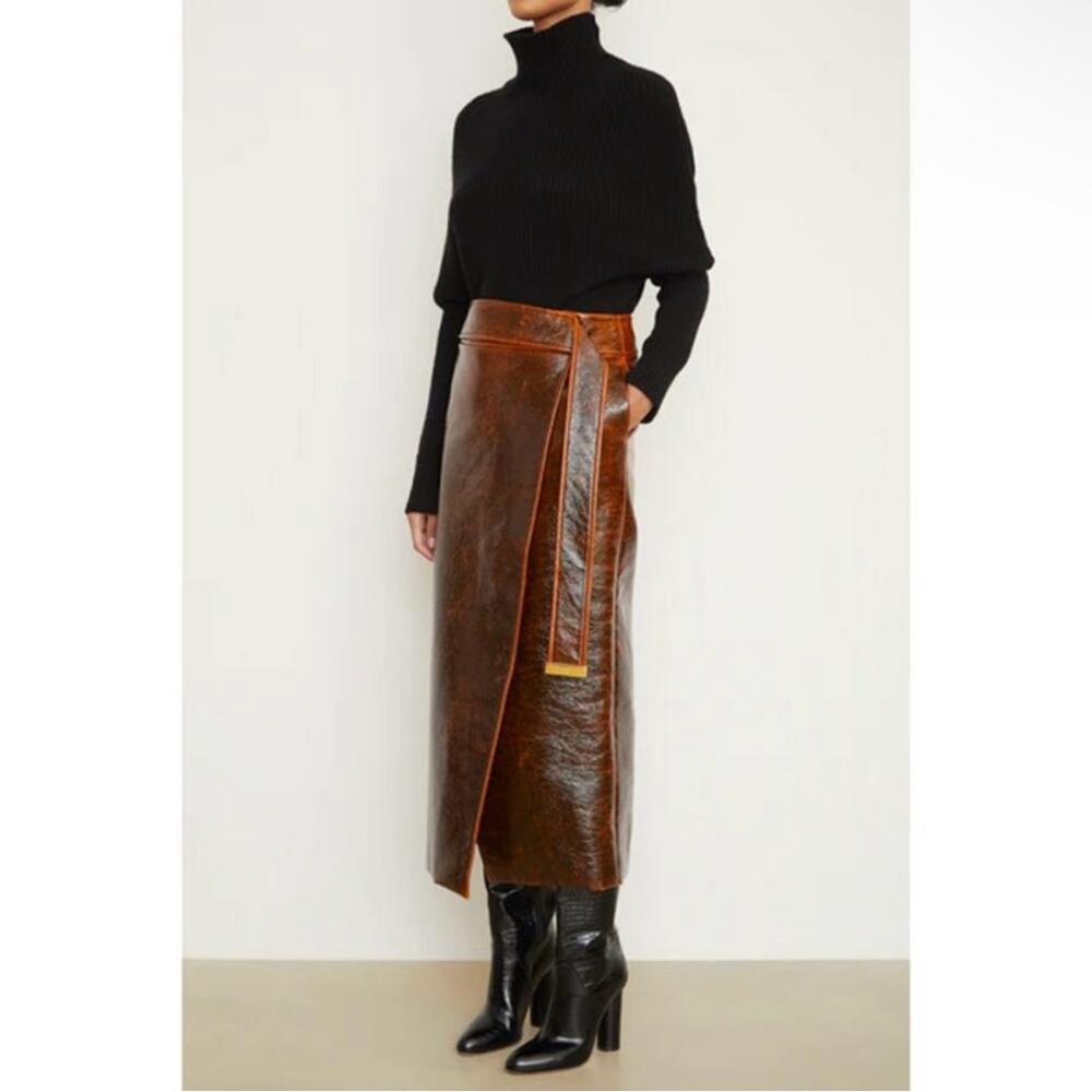 Brandon Maxwell Evelyn Mahogany Brown Maxi Wrap Skirt with Slit